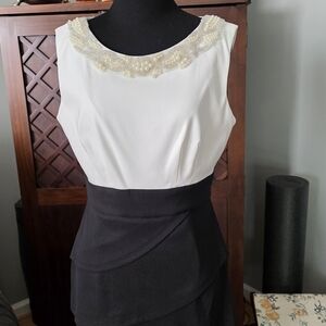 Elegant Black and White Midi Dress with Pearl Detail